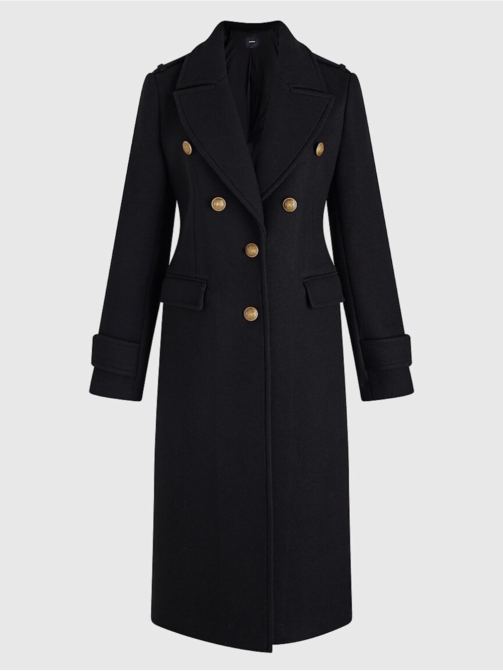 Express Black Double-Breasted Long Pea Coat with Gold Buttons